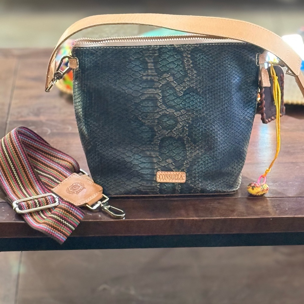 Consuela Boho Snakeskin Black, Teal, and Tan Crossbody Bag